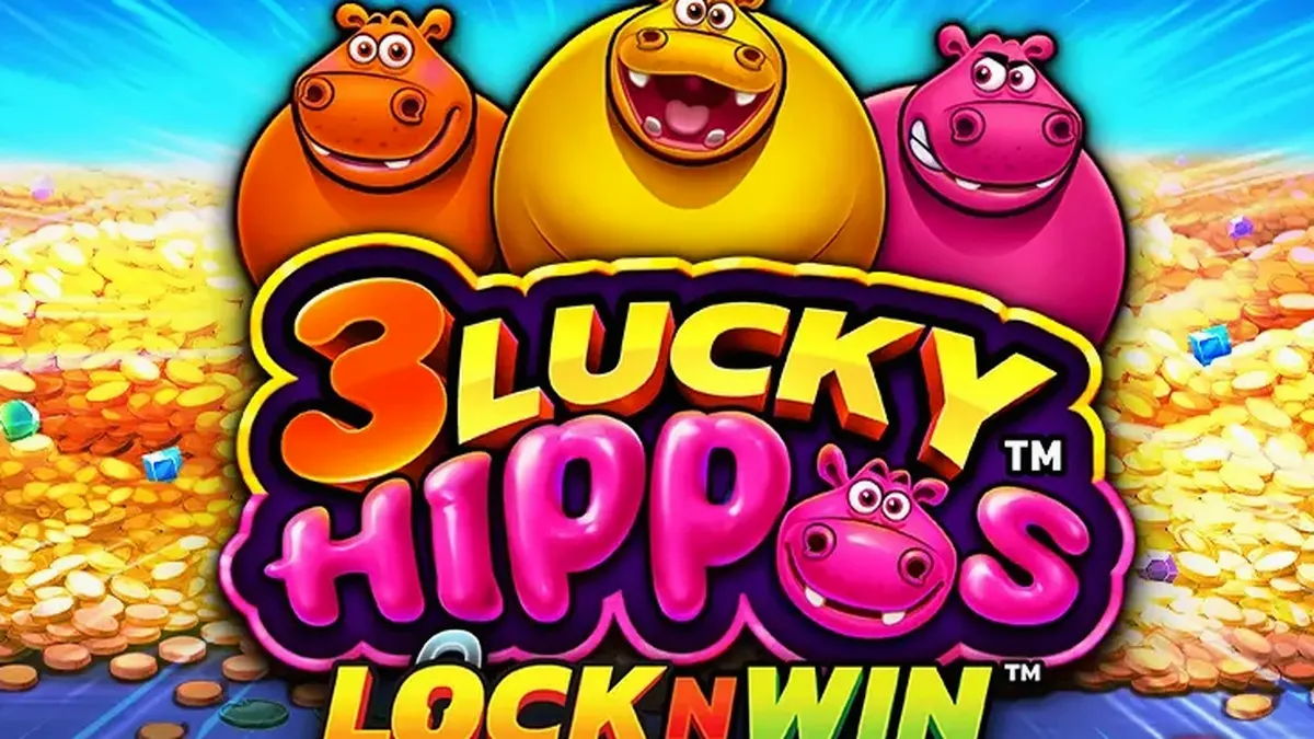 Ang 3 Lucky Hippos slot machine interface na may makulay na disenyong hayop.